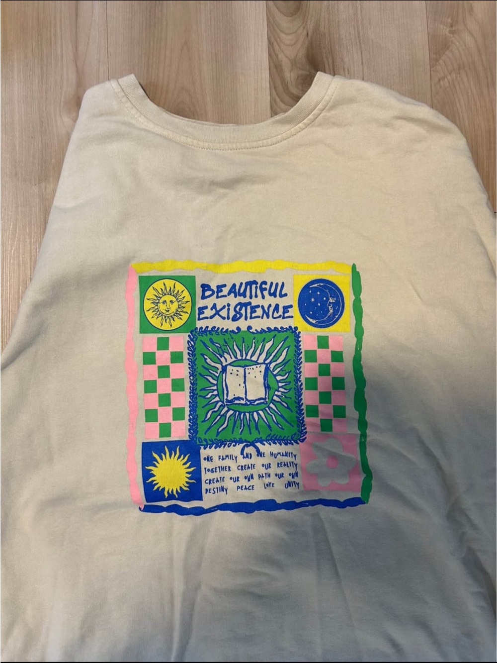 Urban Outfitters Cream 'Beautiful Existence' Graphic Tee with Neon Accents